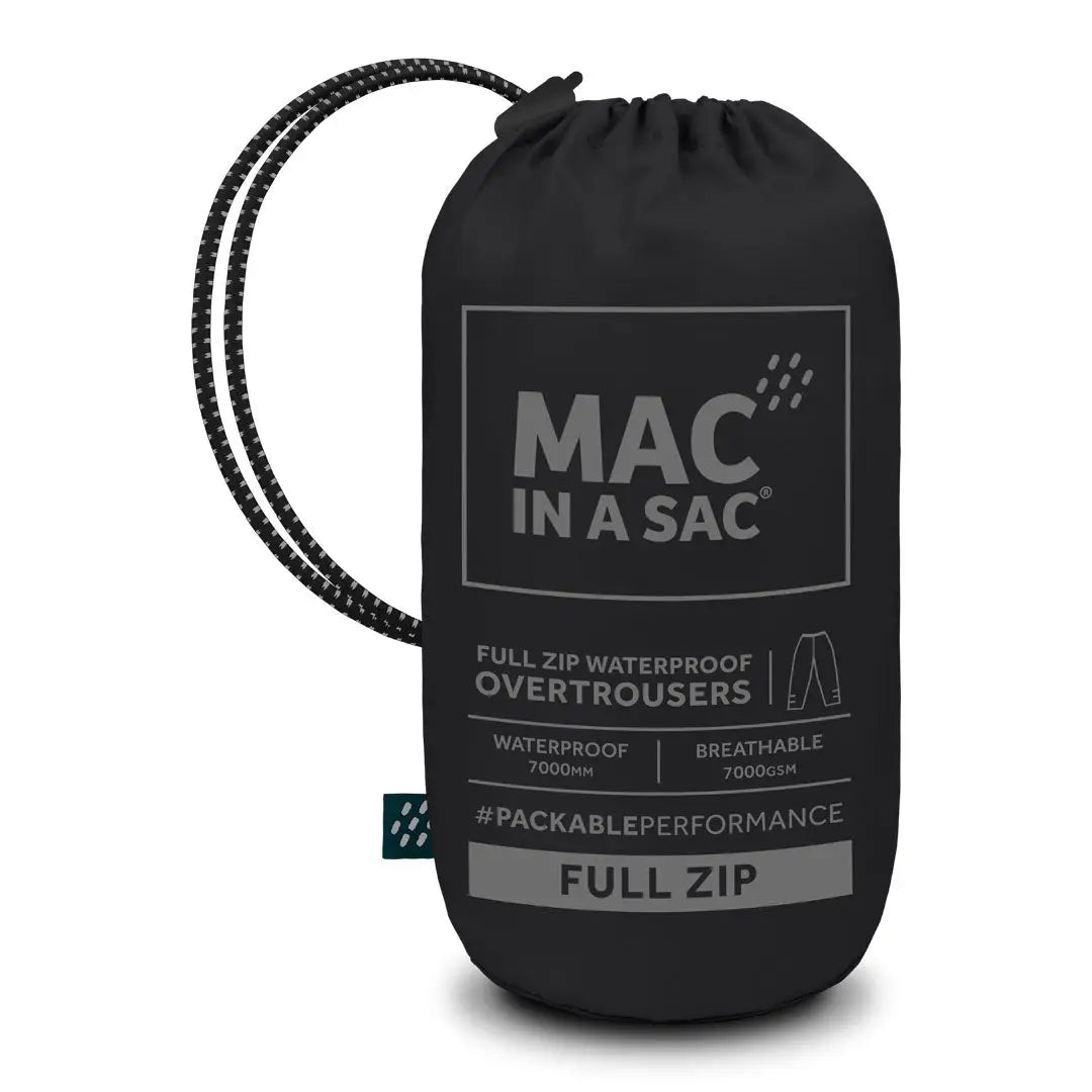 Black drawstring bag featuring MAC IN A SAC branding for waterproof country clothing