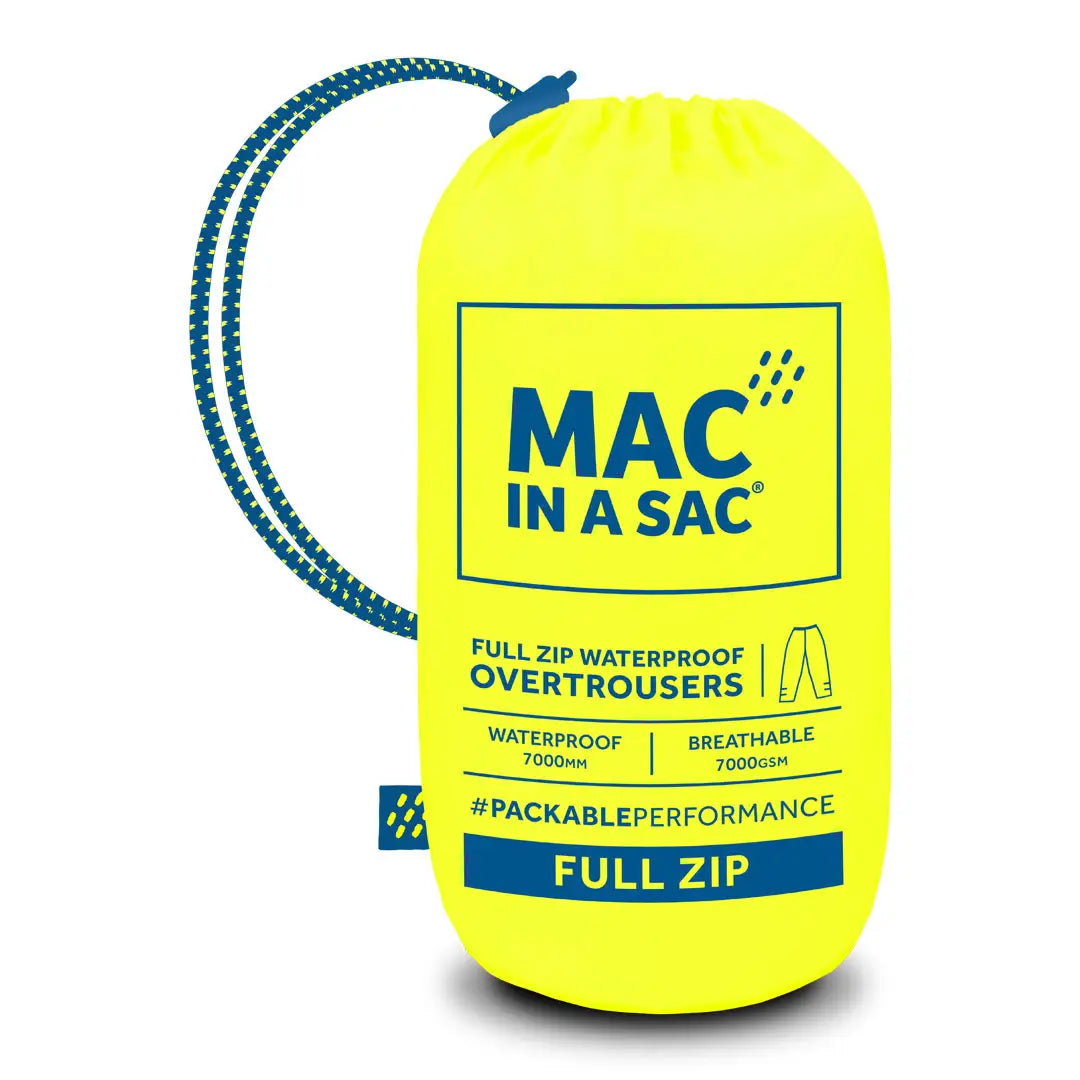 Bright yellow waterproof storage sac for Mac In A Sac Origin zip overtrousers