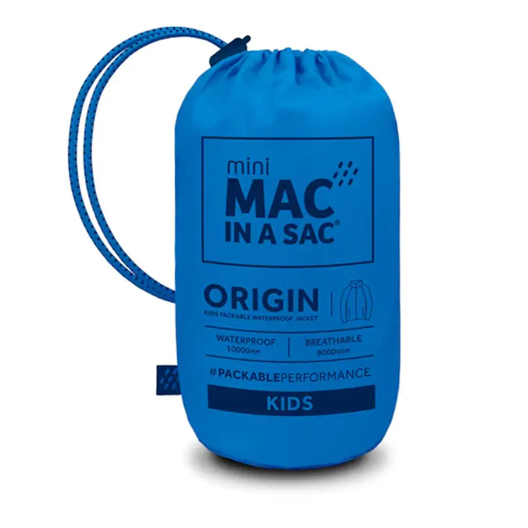 Bright blue drawstring bag labeled Mini Mac in a Sac for kids in country clothing