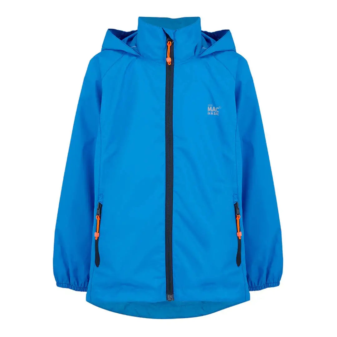 Bright blue Mac in a Sac Origin kids jacket with full zipper and orange accents