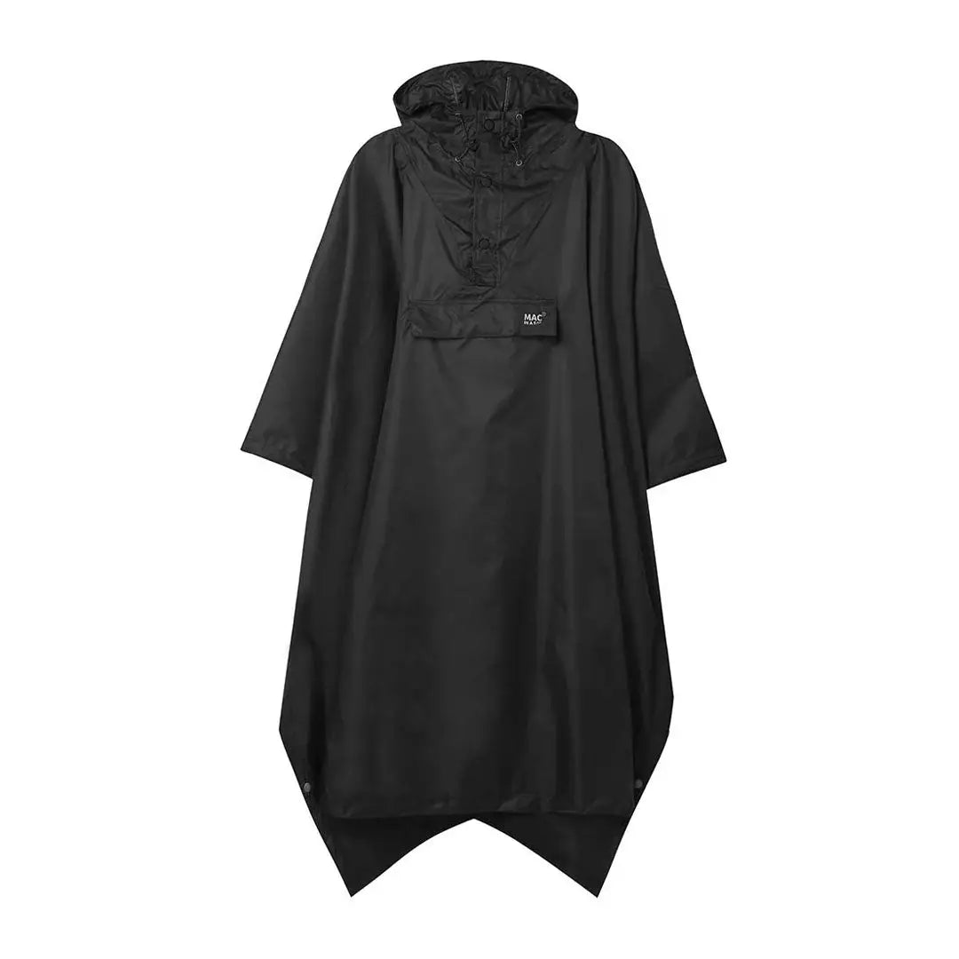 Black hooded Mac In A Sac Origin poncho with front pocket and wrist straps for country clothing