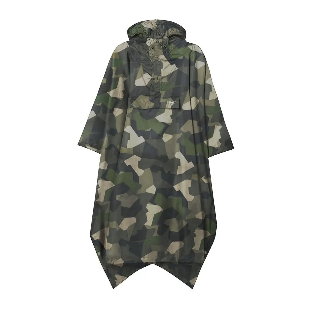 Camouflage-patterned Mac In A Sac Origin 2 Poncho with hood for rainy adventures