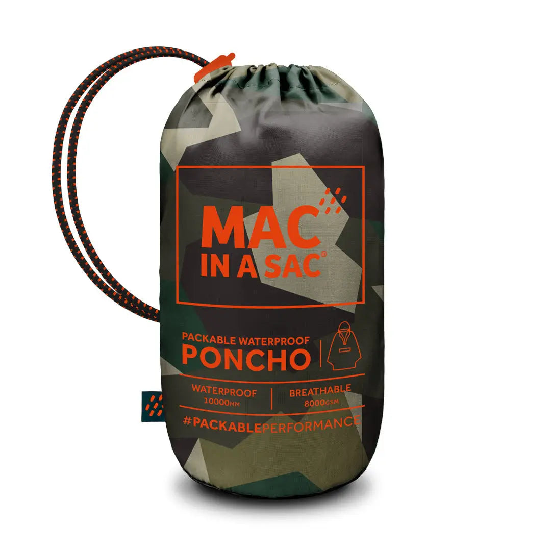 Packable waterproof Mac In A Sac Origin 2 Poncho in a cool camouflage drawstring bag