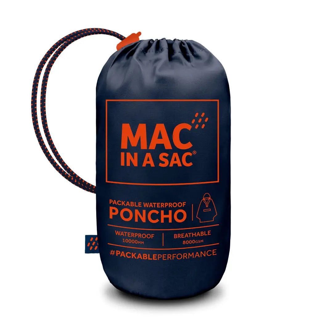 Navy blue drawstring bag with orange MAC IN A SAC logo and packable waterproof poncho