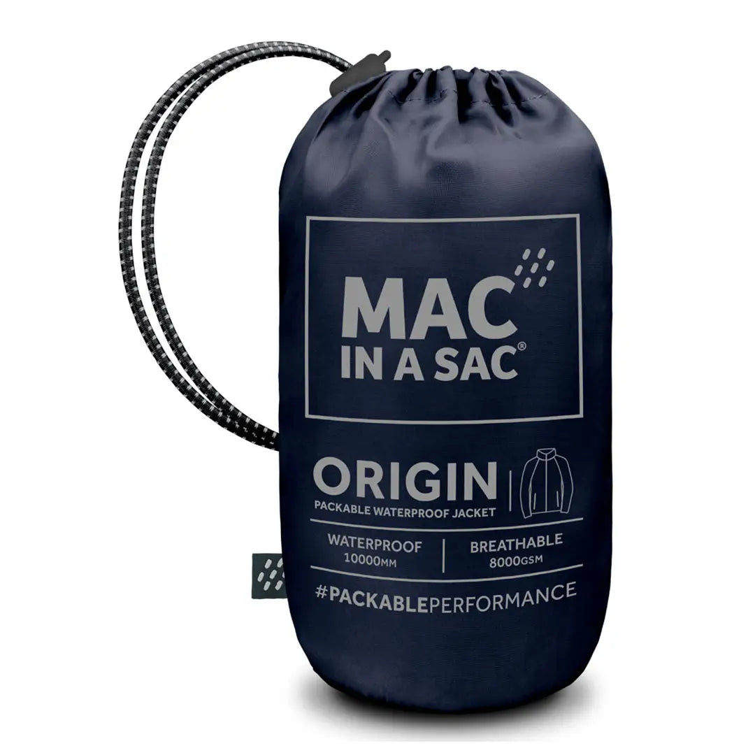 Navy blue drawstring bag with MAC IN A SAC branding for the waterproof jacket