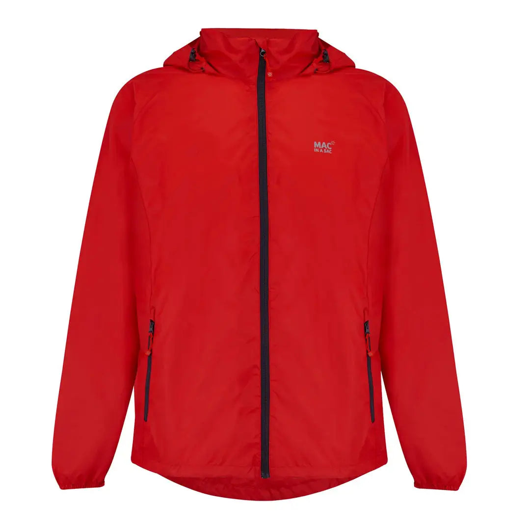 Red hooded Mac in a Sac Origin waterproof jacket with full-length zipper and pockets