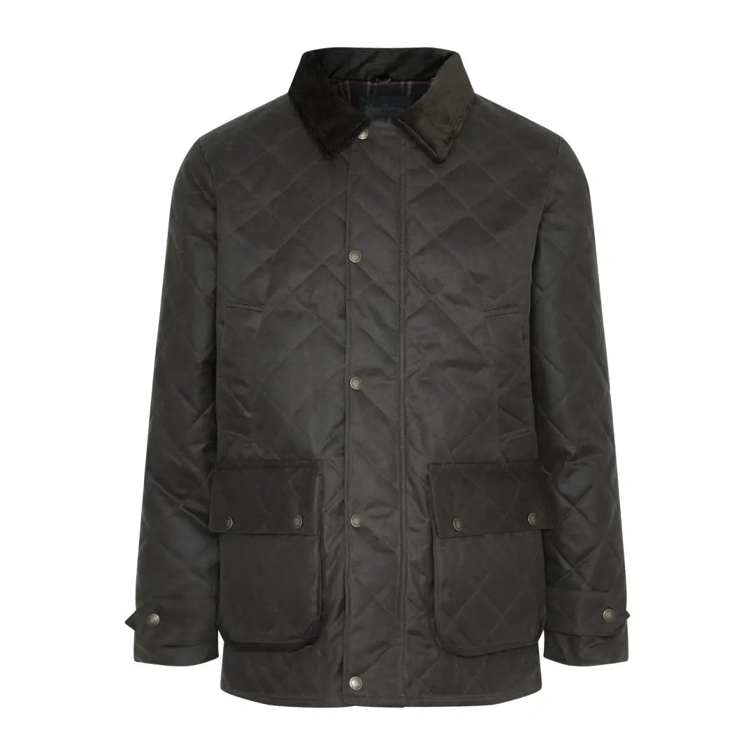 Dark green quilted wax jacket with pockets and collar perfect for men’s outdoor style