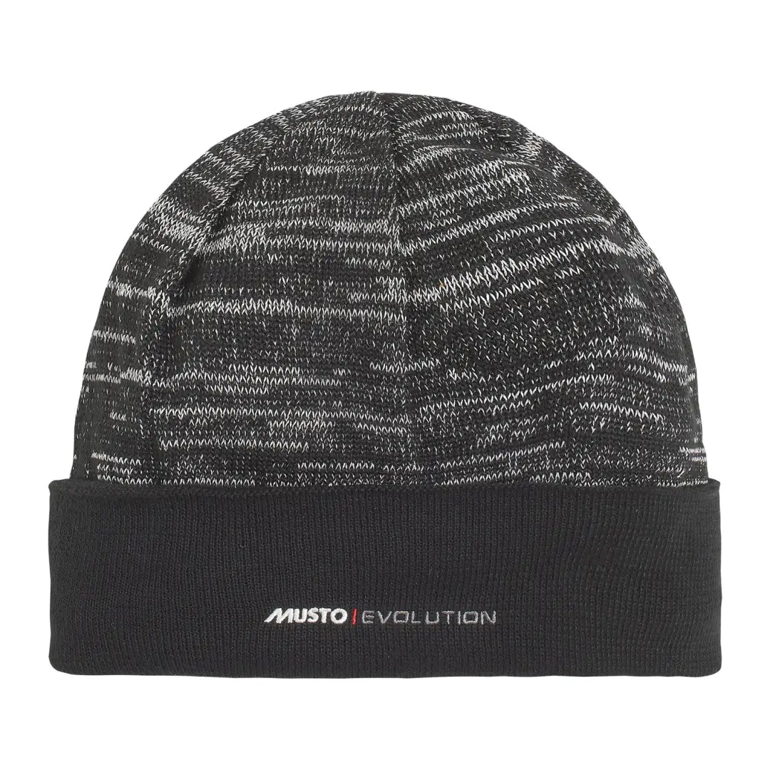 Knitted Musto Evolution Newport OSM Reflective Beanie with black brim and marled gray pattern