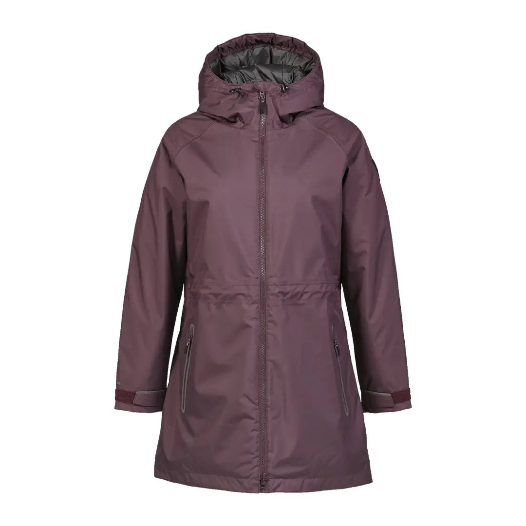 Plum-colored hooded Musto Corsica Long Primaloft Jacket with zipper and pockets