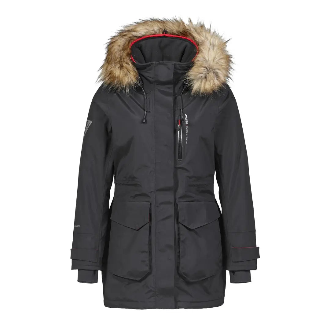 Dark gray Musto Womens Evolution Primaloft Parka with fur-trimmed hood and jacket features Primaloft