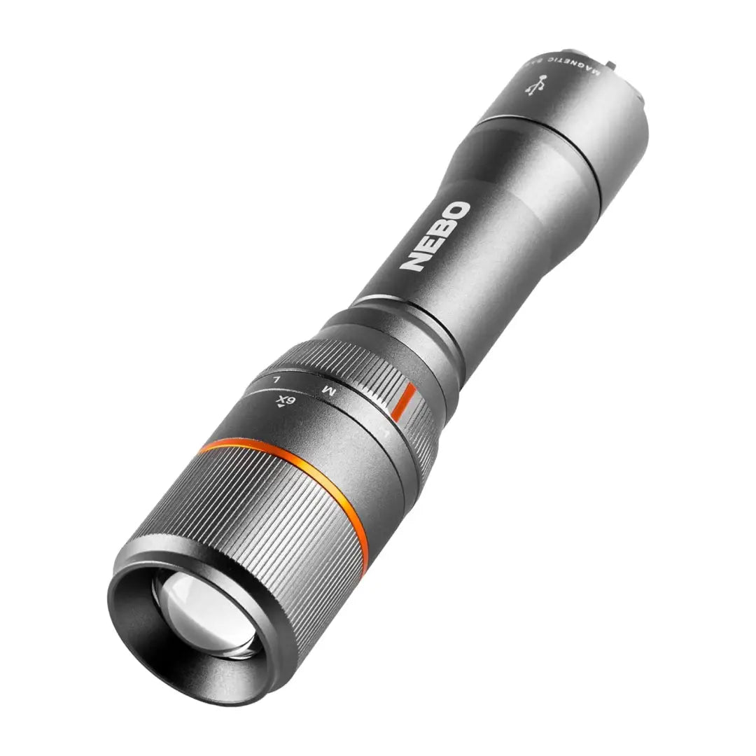 Metallic gray NEBO Davinci 1000, a powerful handheld flashlight with adjustable focus