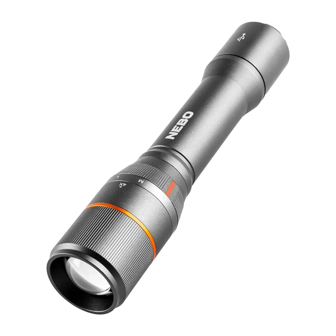 Stylish NEBO Davinci 2000 metallic flashlight with adjustable focus and colored rings