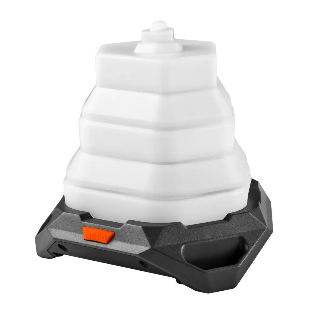 Collapsible white NEBO Galileo Air Lantern on a gray and orange base with ridged design