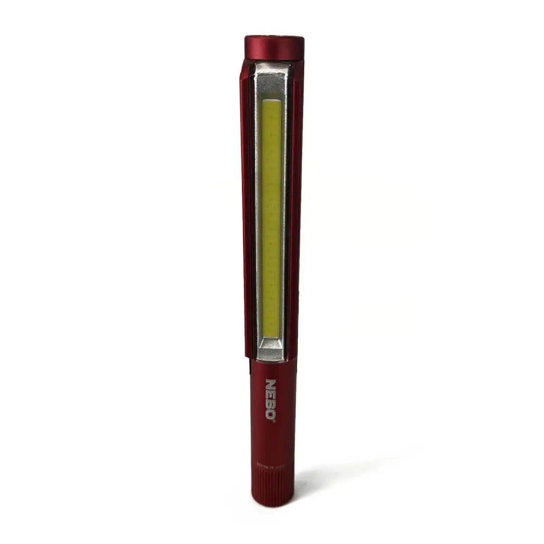 Red pen-shaped flashlight with a green light strip from NEBO Lil Larry