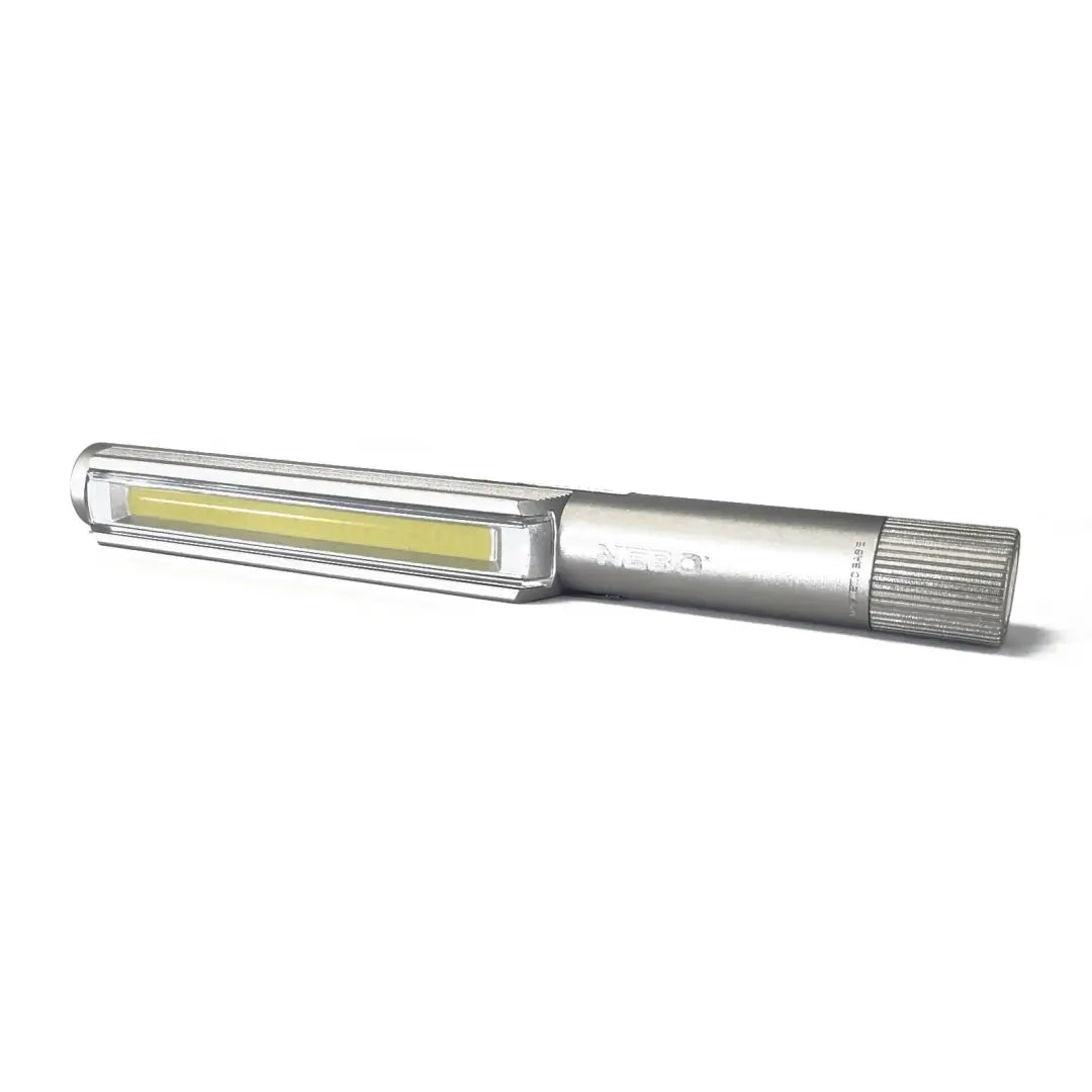 Pen-shaped LED flashlight NEBO Lil Larry with a silver body and bright yellow-green light