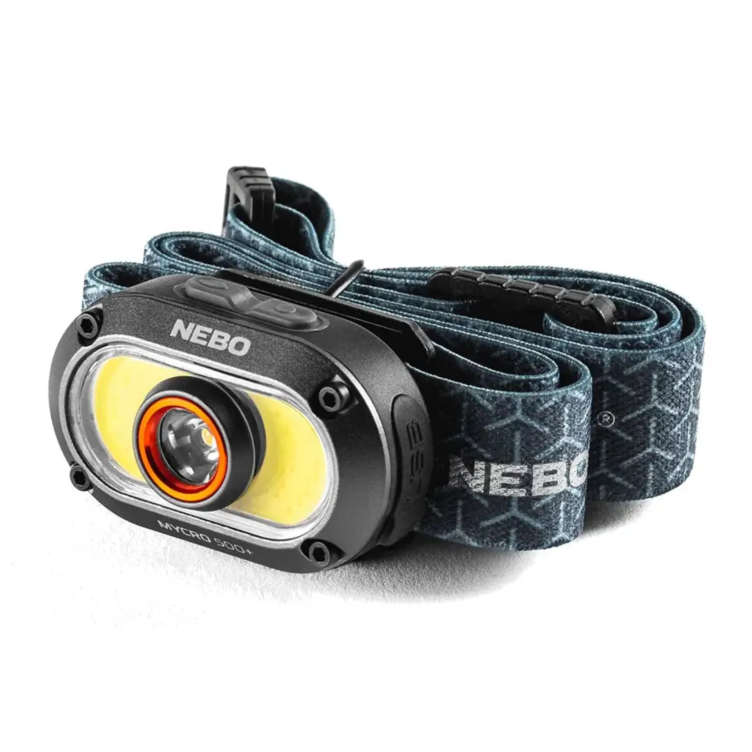 NEBO Mycro 500+ Headlamp with yellow and orange light, perfect for outdoors and hunting