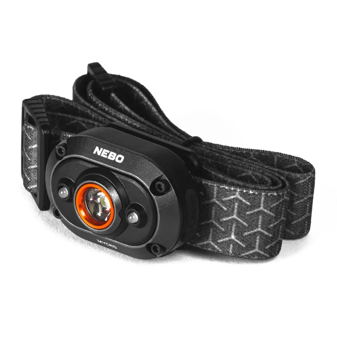 Black NEBO Mycro Headlamp with adjustable strap and orange lens, great for hunting adventures