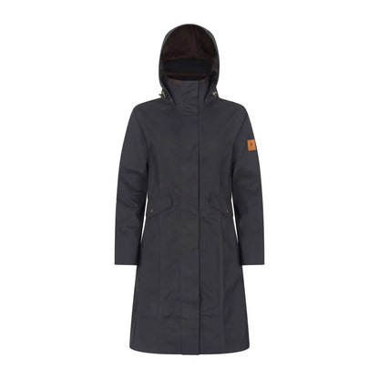 Long dark gray Alice Waterproof Coat with a hood and brown patch on sleeve