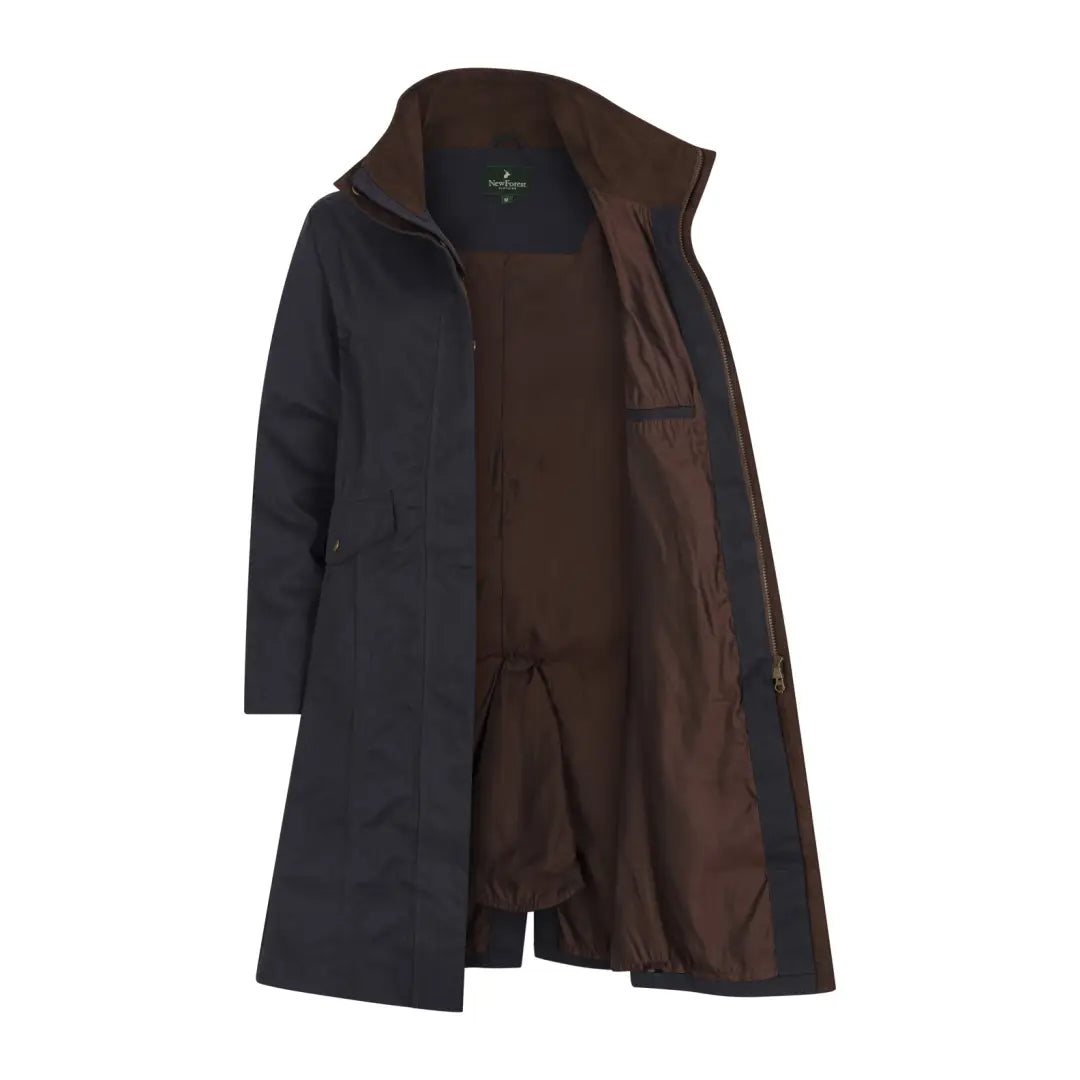 Long dark coat with brown lining and high collar from the Forest Alice Waterproof collection