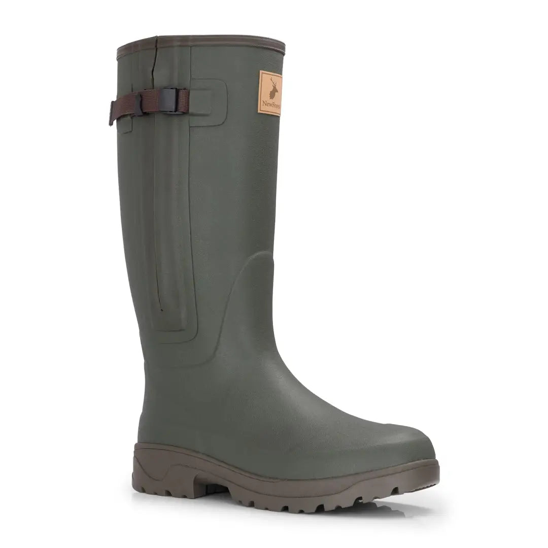 Olive green Zip Wellington Boots with brown sole and adjustable strap, perfect for Forest Avon