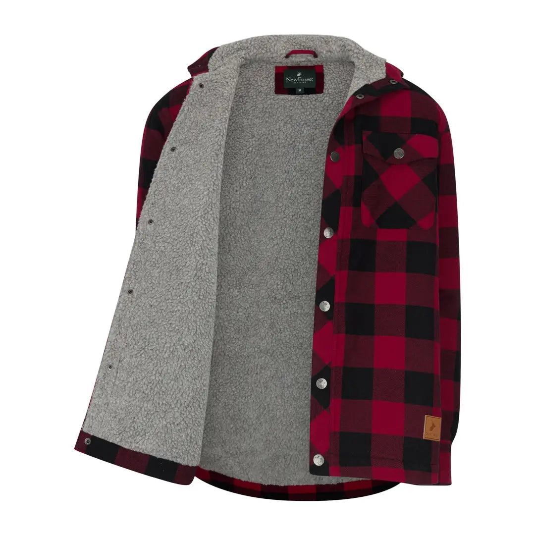 Red and black plaid Forest Canadian Sherpa Shirt jacket with cozy gray fleece lining