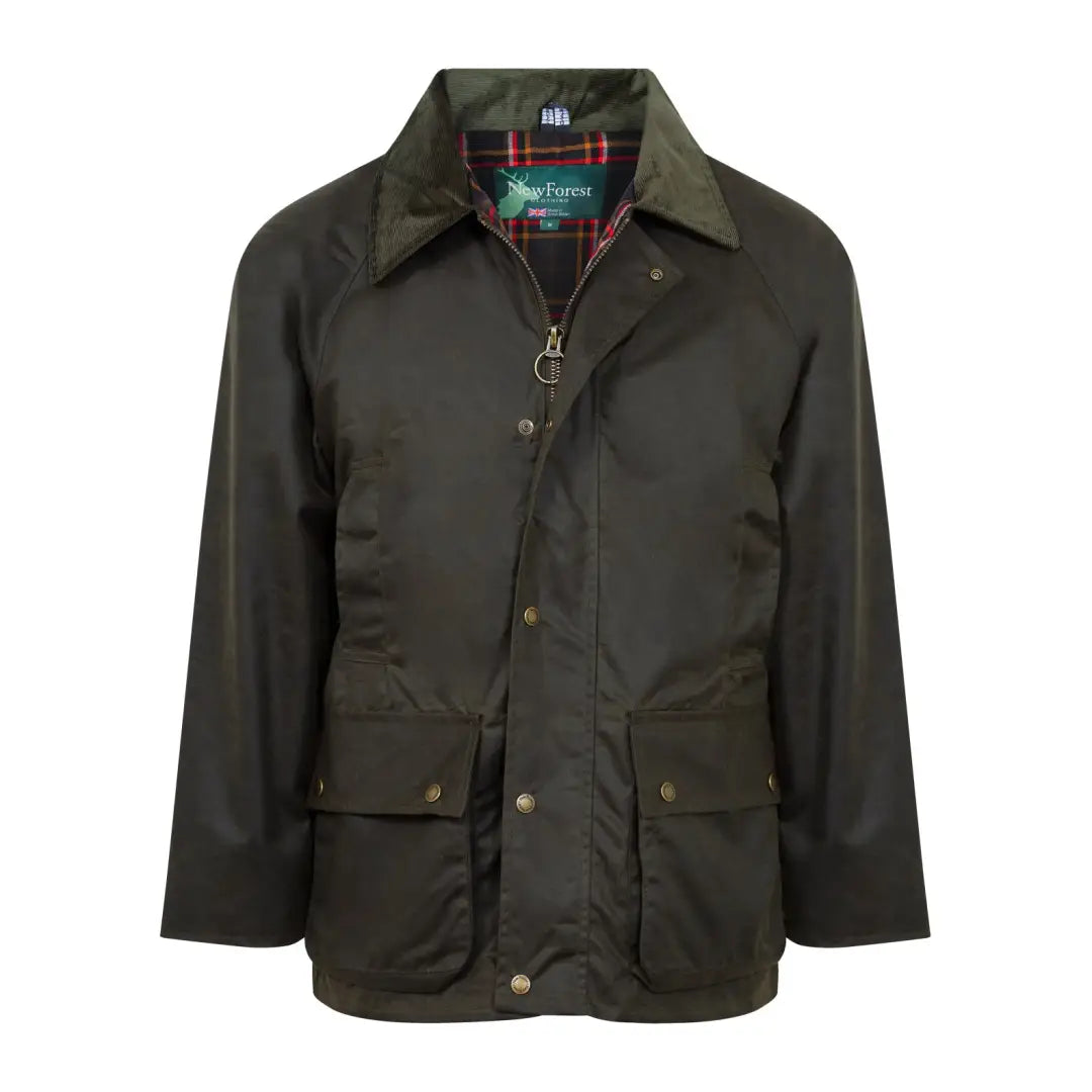 Dark green Mens Classic Antique Wax Jacket with front pockets and brass snap closures