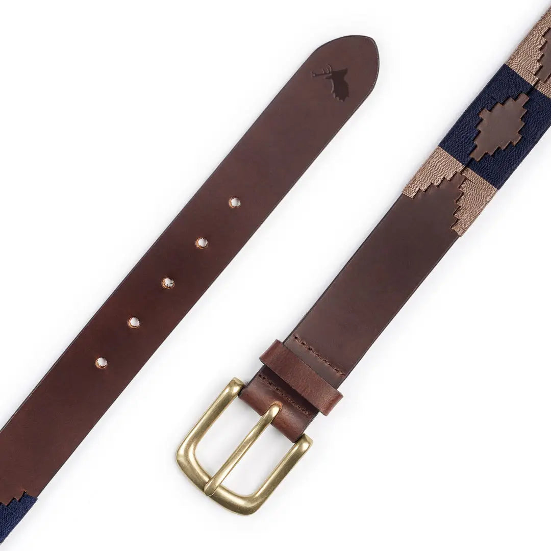 Leather belt with intricate hand stitched colored inlay and brass buckle for New Forest Classic Polo Belt