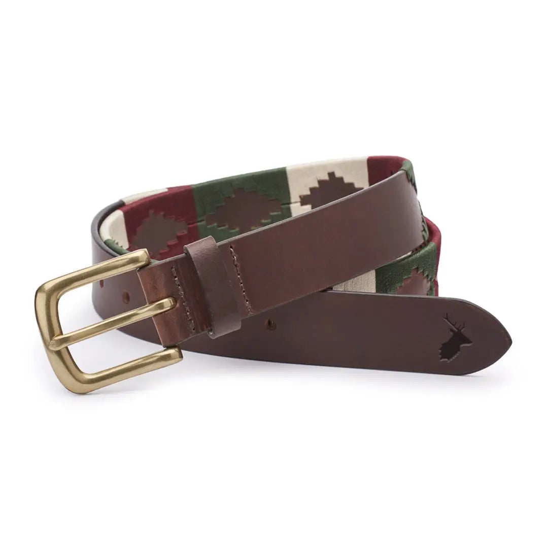 Leather belt with colorful woven pattern and brass buckle, a stylish piece of traditional Argentinian belts