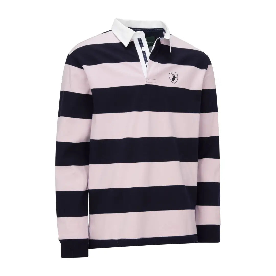 Striped rugby shirt in pink and navy with white collar from New Forest Classic Stripe