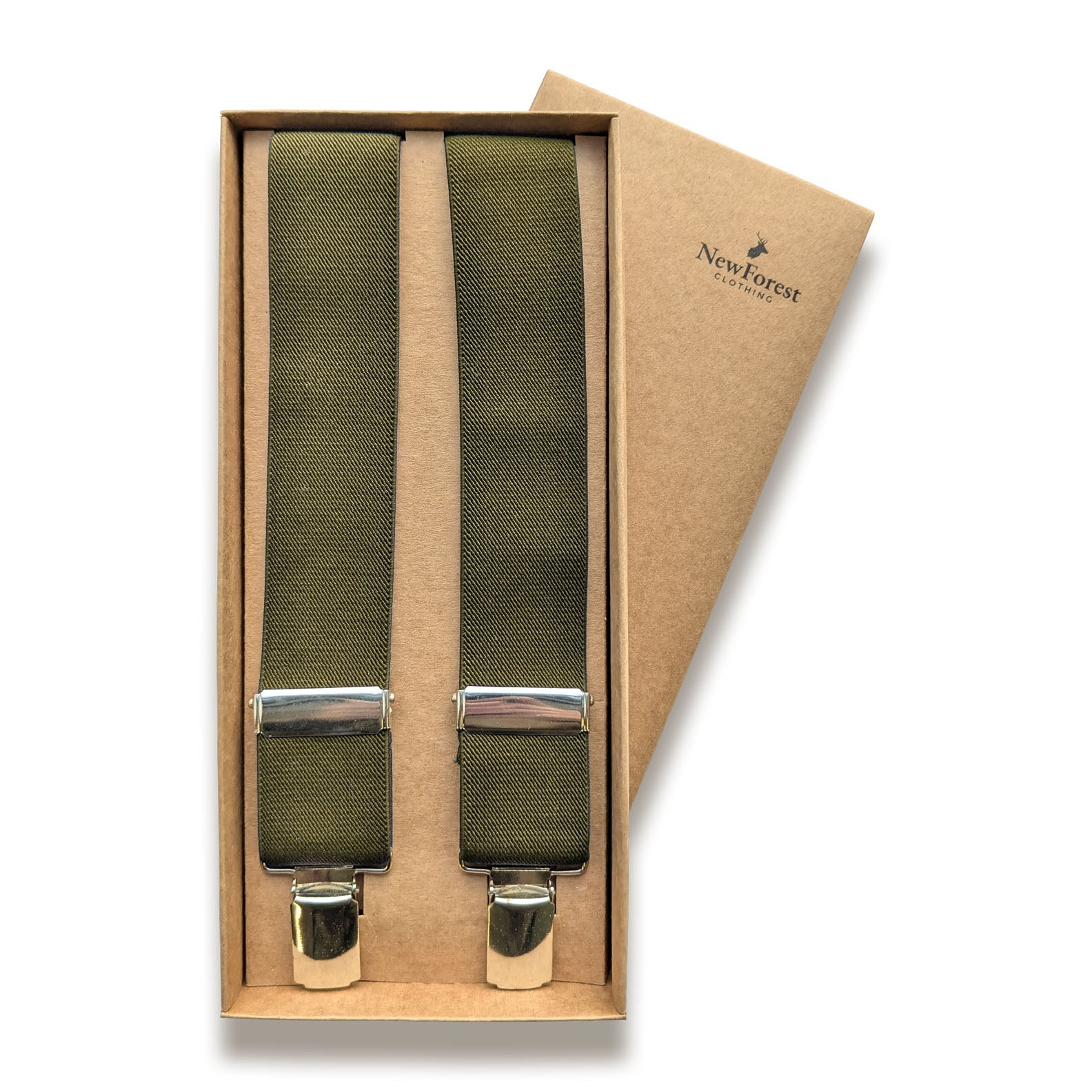 Olive green suspenders in a box for stylish country clothing and outdoor adventures