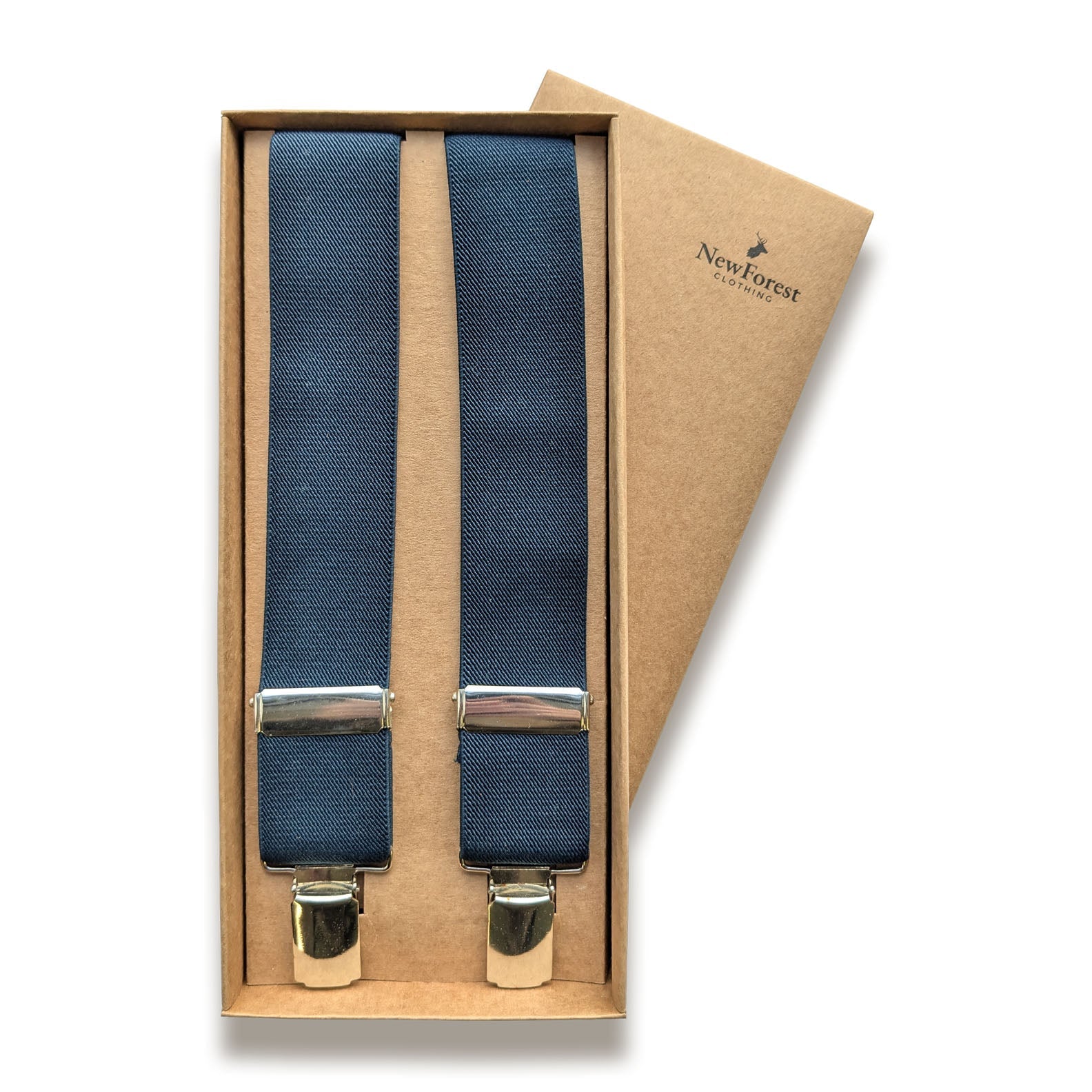 Navy blue suspenders in a box, perfect for country clothing and outdoor adventures