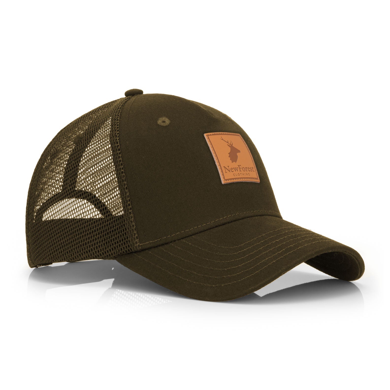 Olive green trucker hat with leather patch, perfect for country sport style