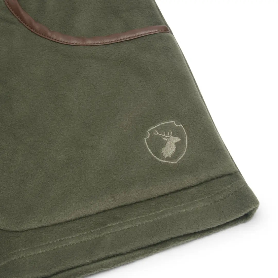 Green Forest Fleece Gilet with brown trim and embroidered logo for cozy style