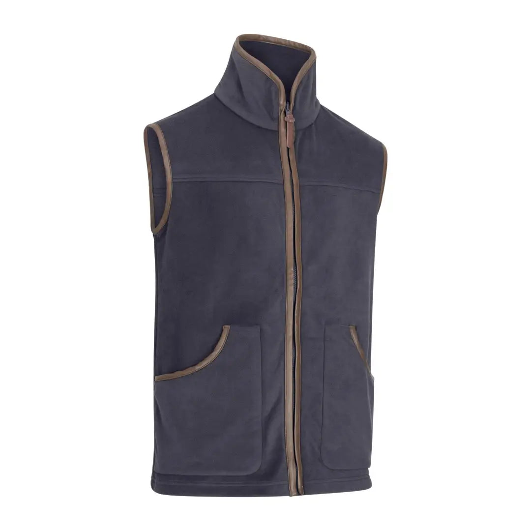 Navy blue fleece gilet with brown trim, perfect for outdoor adventures in style