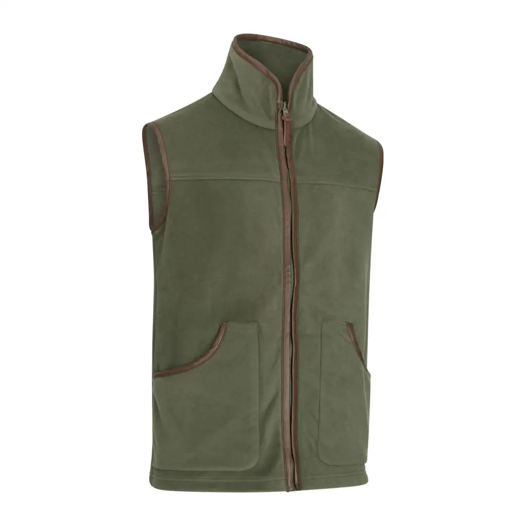 Olive green fleece gilet with full-length zipper and pockets, perfect for forest adventures