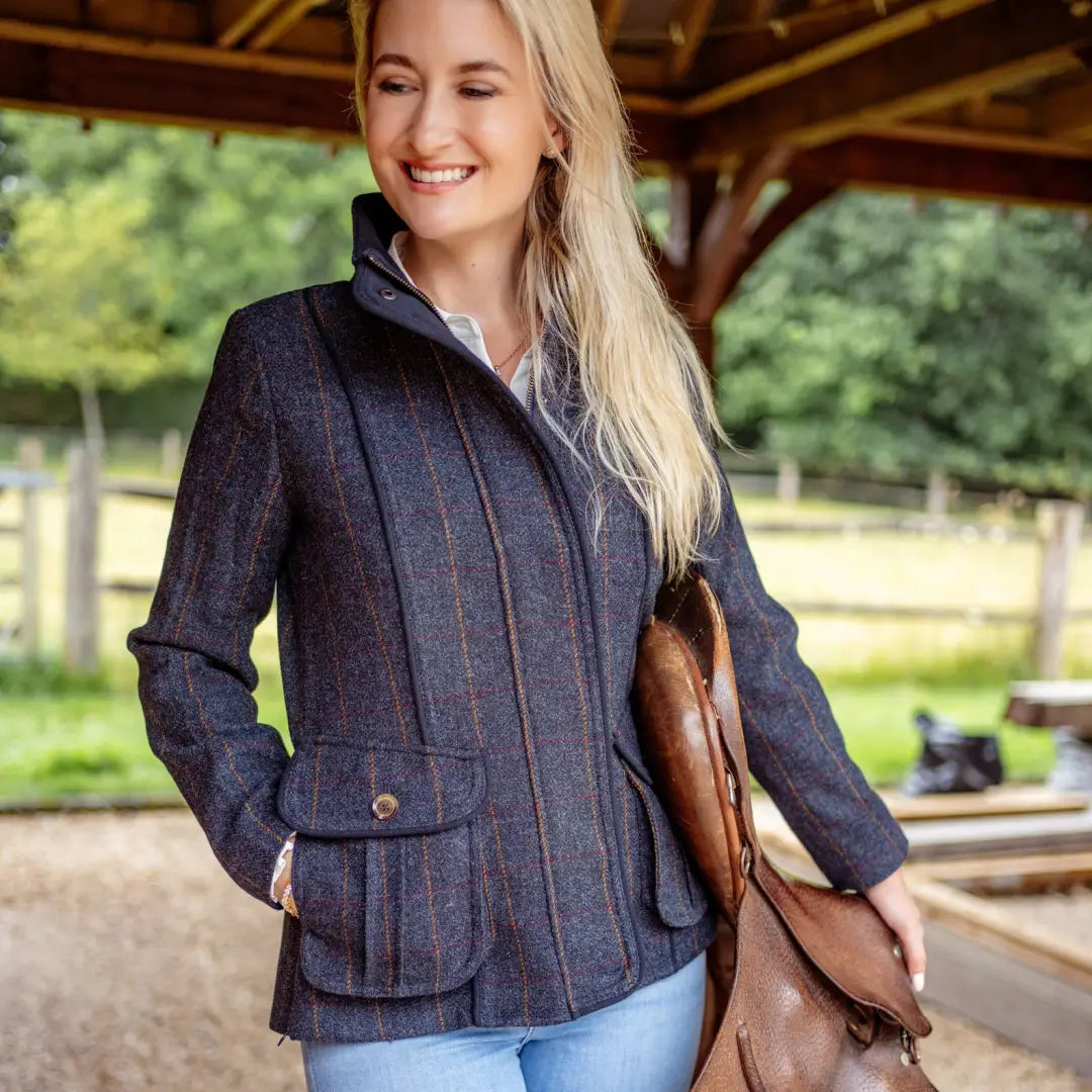 Smiling woman in a premium quality New Forest Florence Tweed Jacket with pockets