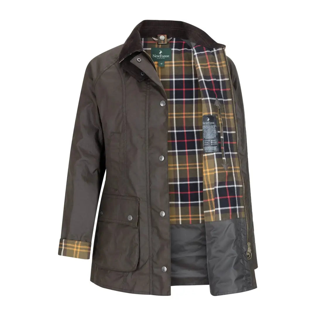 Olive green New Forest Freya Ladies Wax Jacket with plaid lining and snap closures