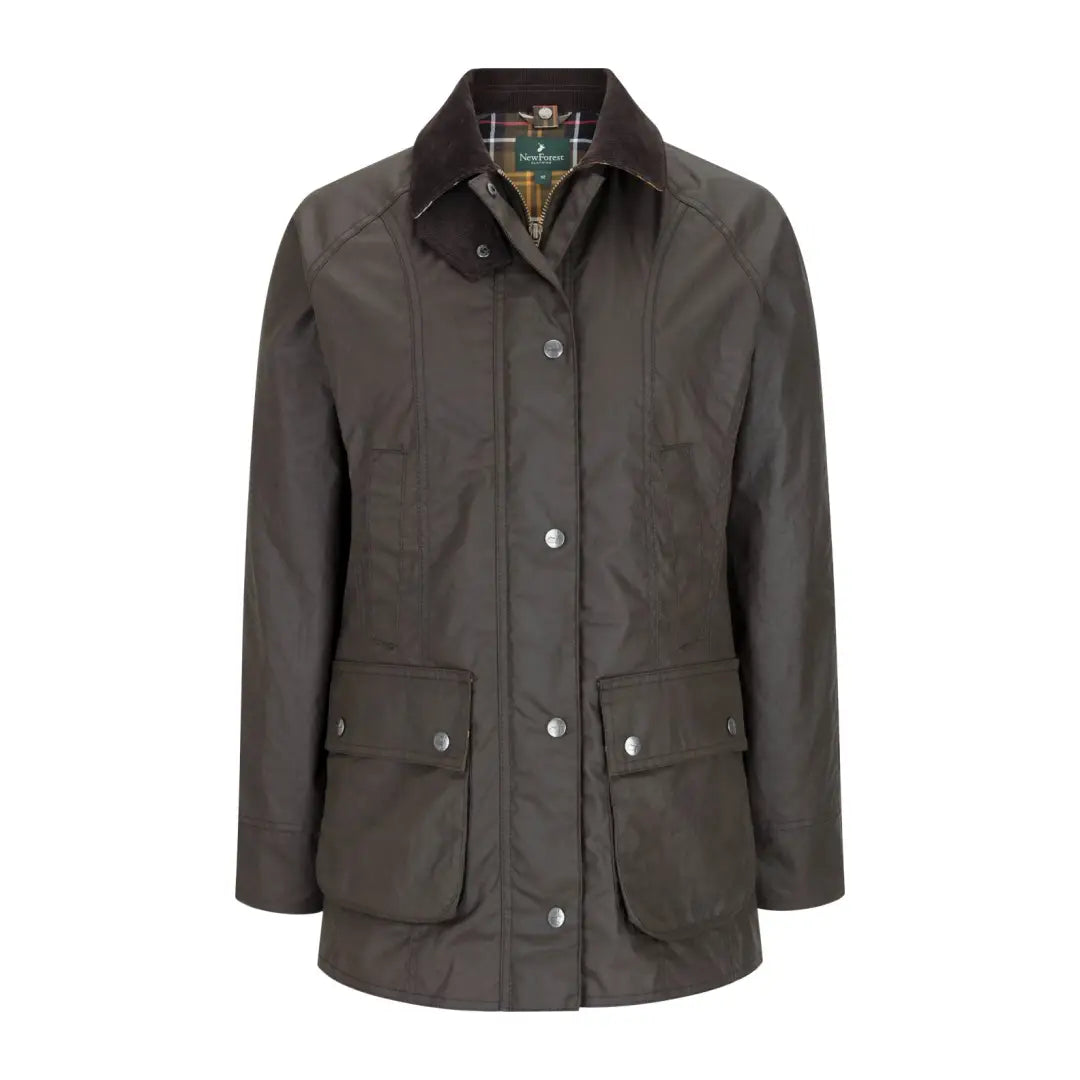 Dark green New Forest Freya Ladies Wax Jacket with corduroy collar and pockets