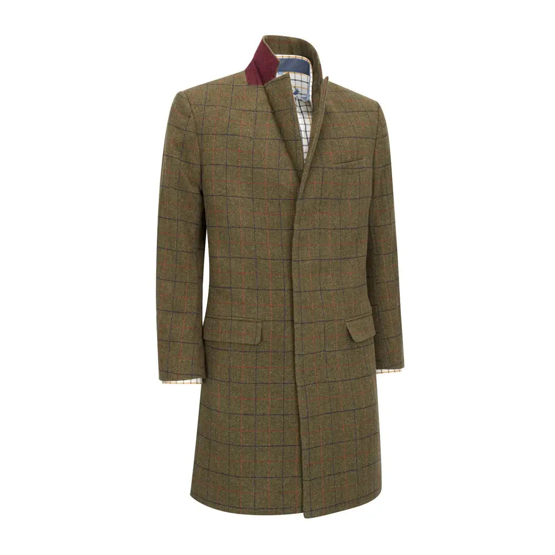 Long olive green Goodwood Tweed Long Coat with a checkered pattern and burgundy collar