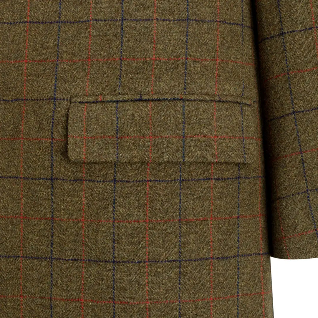 Olive green, red, and blue plaid pattern on New Forest Goodwood Tweed Long Coat