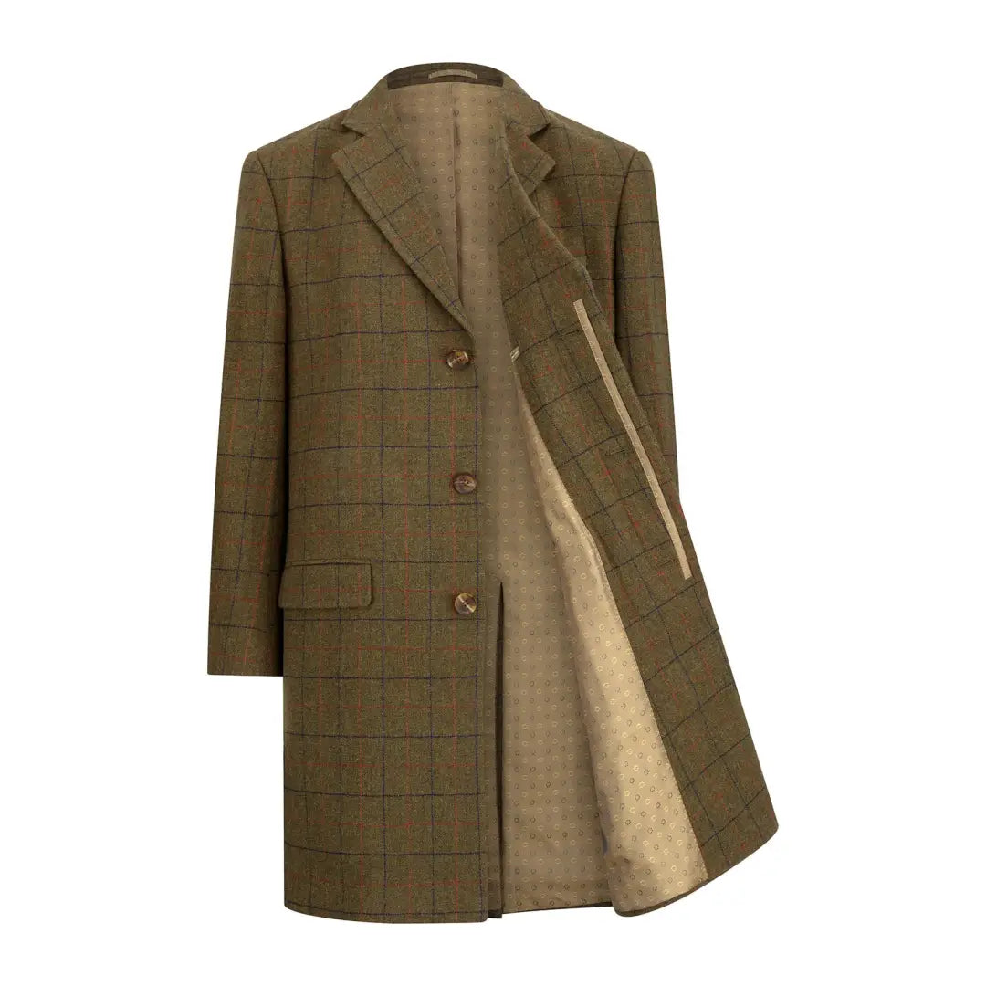 Brown checkered wool Goodwood Tweed Long Coat with three buttons and notched lapels