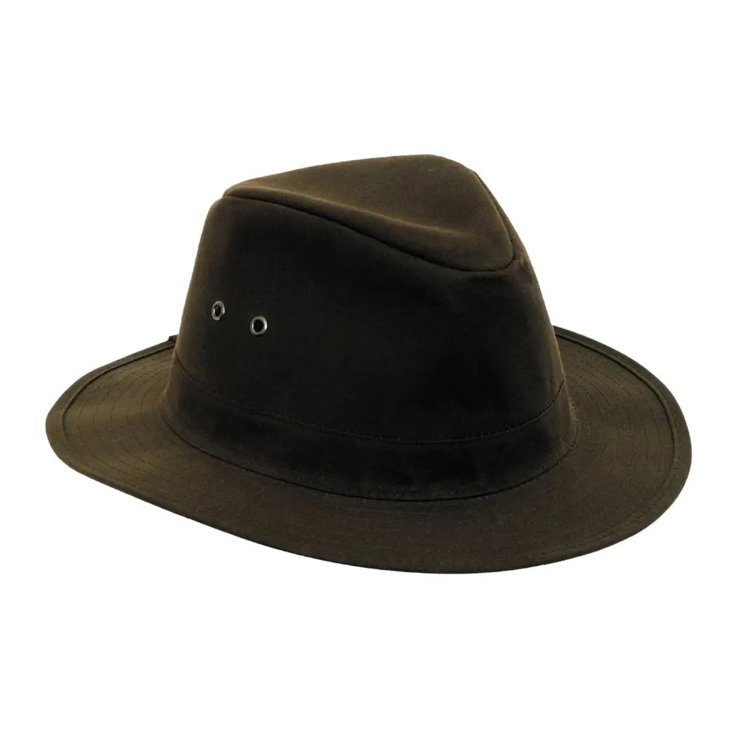 Dark brown leather fedora hat with wide brim from New Forest Harrison collection