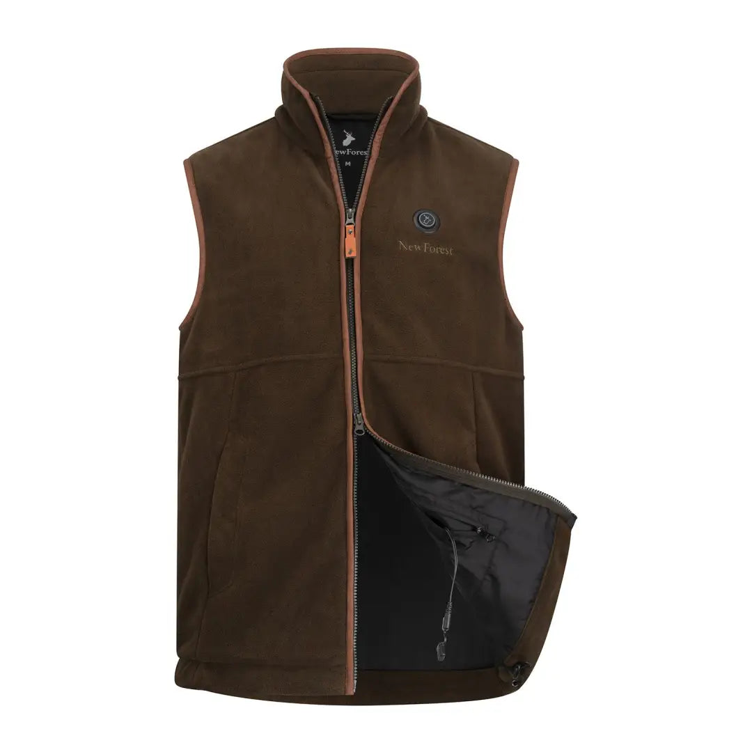 Brown fleece gilet with orange zipper and logo, perfect for chilly forest adventures