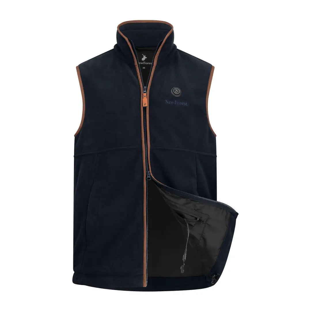 Navy blue heated fleece gilet with full-length zipper and contrasting trim from New Forest