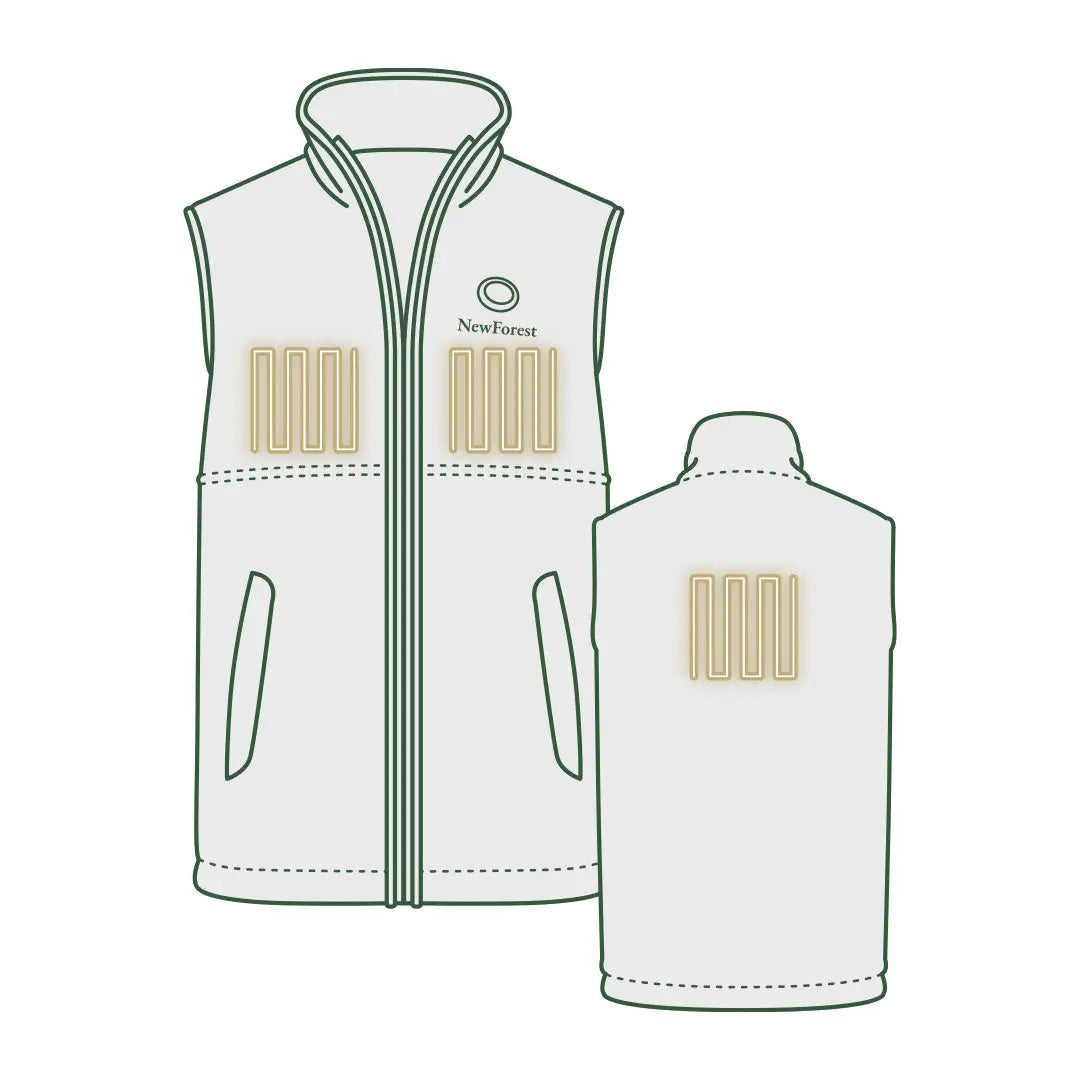 Sleeveless white fleece gilet with green trim and yellow heating elements for cozy warmth