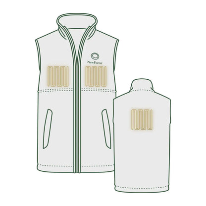 Sleeveless white fleece gilet with green trim and yellow heating elements for cozy warmth