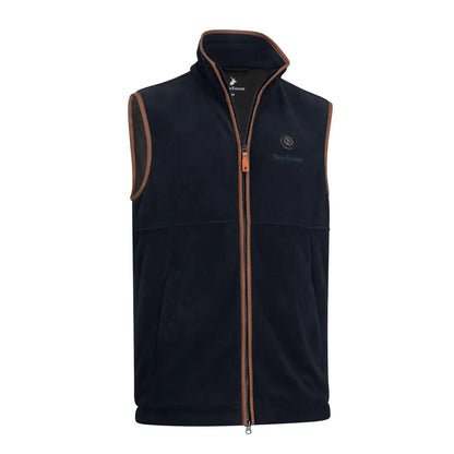 Navy blue fleece gilet with brown trim, perfect for cozy warmth in the forest