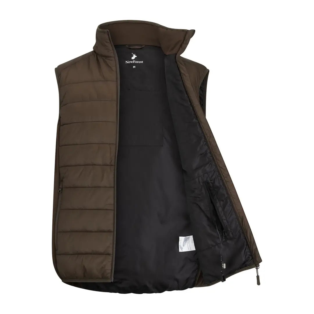 Brown quilted vest with black lining, perfect for chilly days in the New Forest heated gilet