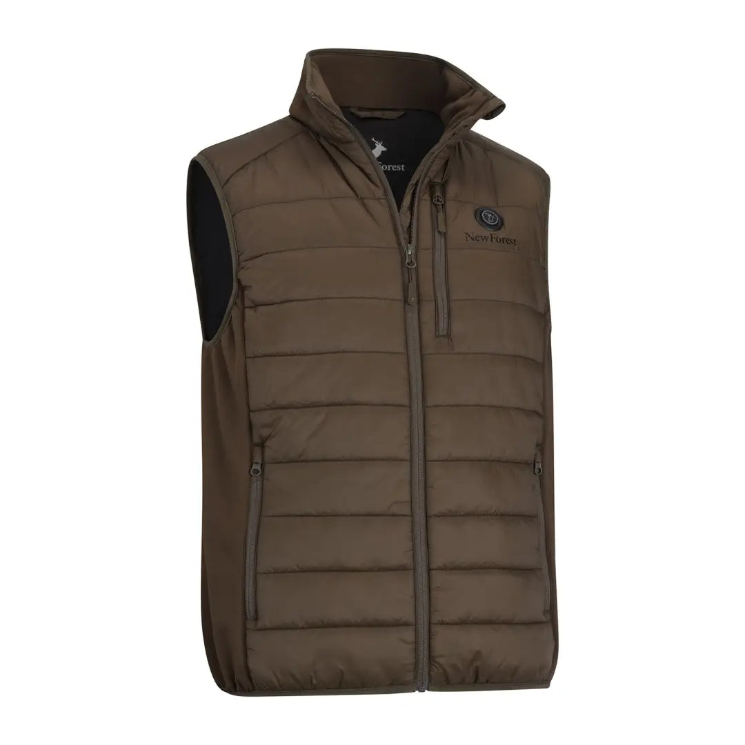 Brown quilted New Forest Heated Gilet with full-length zipper and stand-up collar