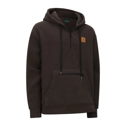 Dark brown Forest Heathland Hoodie featuring a stylish leather patch on the chest